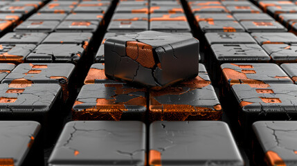A black and orange cube is placed on a grid of black and orange cubes. Concept of destruction and chaos, as the black and orange cubes are broken and scattered in various directions