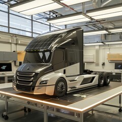 A futuristic truck is on display in a showroom