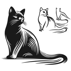 Beautiful black and white cat vector silhouette isolated on white background