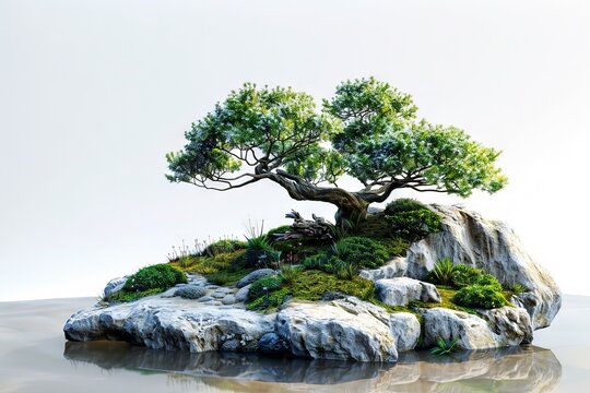Elegant bonsai landscape against a transparent white backdrop, adding tranquility to compositions