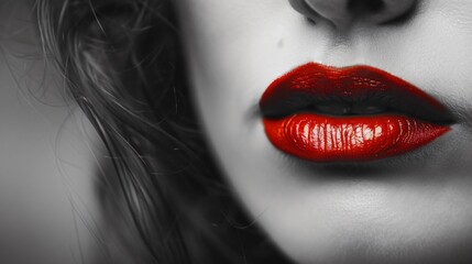 Fototapeta premium Vivid Red Lips in a Black and White Selective Color Portrait