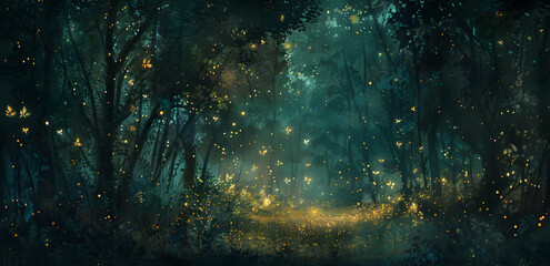 A magical forest at night with fireflies flying around, painted in dark green and yellow colors
