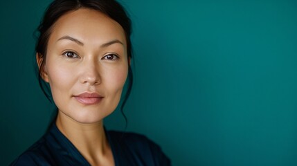 Fototapeta premium Confident Female Healthcare Professional Posing Against a Teal Background