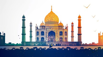 Silhouette of the Taj Mahal at sunset with vibrant colors and flying birds