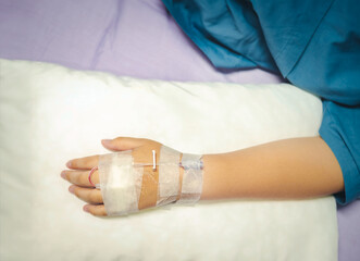 Cropped shot of patient hand receiving intravenous fluid directly in hospital. Conceptual of Intravenous therapy,are lying and being treated in beds in hospitals.