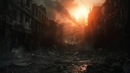 Apocalyptic urban scene with fiery tornado and destroyed buildings under a dramatic sky