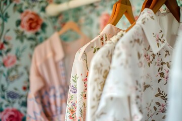 Stylish wallpaper for womens closet showcasing summer dresses and shirts. Concept Fashion Showcase, Summer Style, Closet Decor, Wardrobe Makeover, Stylish Wallpaper