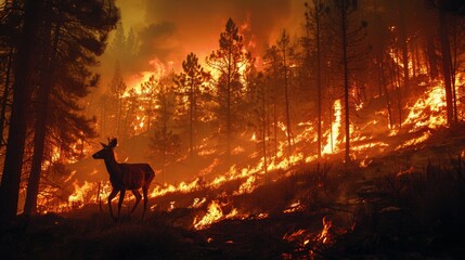 Forest fire at dusk: A deer caught amidst raging flames and smoky woodland