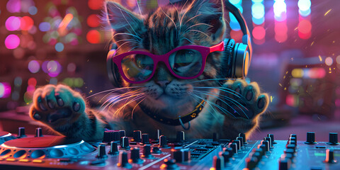 Cute dj cat wearing headphones and pink sunglasses plays music ,Cartoon Caricature Cat Takes Over the Turntables with DJ Skills creating a lively atmosphere with its musical talents and disco backgrou