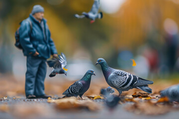 A miniature man standing in a park surrounded by pigeons