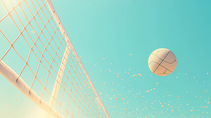 Volleyball suspended midair over beach net with explosion of sand