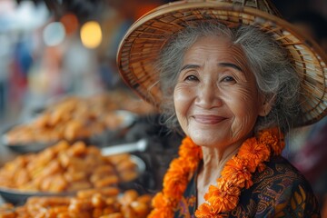 A cheerful Thai vendor in a traditional hat serves street food, the smile as warm as the treats,...