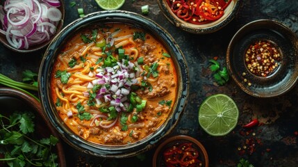 This stock image for magazine photography captures the vibrant appeal of Khao Soi, highlighting its complex flavors and inviting appearance