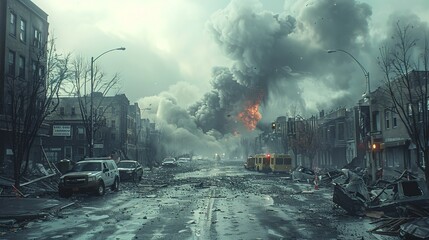 Devastation in cityscape: emergency vehicles amidst rubble and smoke