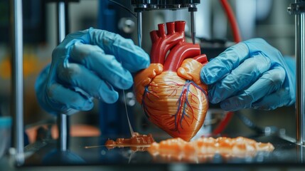 Gloves hands cradle an intricate model of a human heart, brought to life through the advanced technology of 3D-printing with polymer materials.