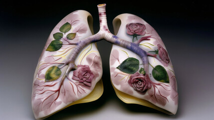 A lung with pink flowers and green leaves - obrazy, fototapety, plakaty