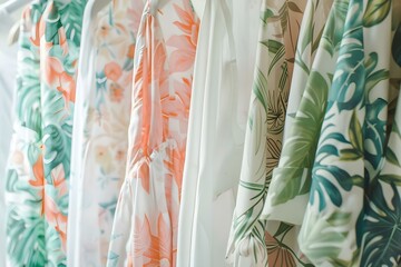 Chic Wallpaper Displaying Summer Dresses and Shirts in a Women's Closet. Concept Summer Fashion, Women's Clothing, Chic Decor, Closet Organization, Wallpaper Display