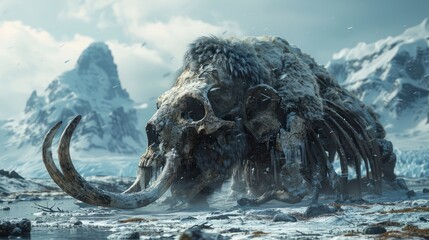 Amidst the melting ice, the formidable skeleton of a mammoth emerges, a stark testament to the impacts of global warming and a reflection of a bygone era.