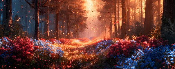 Wide panoramic photo of a fantasy forest with autumnal pine trees, summer roses, and bluebell campanula flowers. A magical and enchanting landscape perfect for backgrounds and nature concepts. - obrazy, fototapety, plakaty
