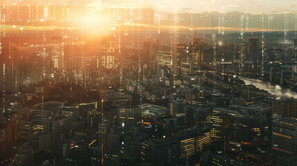 Obraz premium A panoramic view of a smart city with digital overlays showing data streaming, connectivity, and intelligent infrastructure. , natural light, soft shadows, with copy space