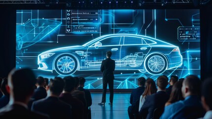 From the lines of a design schema to the dimensions of a model car, a large screen illuminates with visualization at an auto-tech conference.