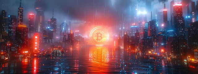 Dramatic depiction of a Bitcoin halving moment with a digital countdown clock reaching zero, set in a futuristic cityscape at night, with glowing neon lights and skyscrapers.