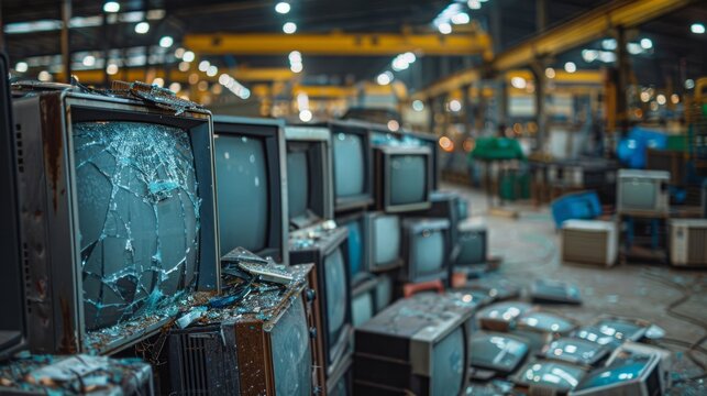 Stacked high in a warehouse, retro televisions collected for disposal serve as a stark reminder of the relentless march of technology