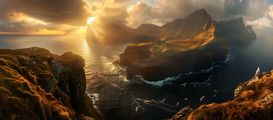 An epic fantasy landscape of the edge of an ocean, with rugged cliffs and crashing waves under...
