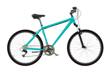 Blue teal bicycle, side view. Black leather saddle and handles. Png clipart isolated on transparent background