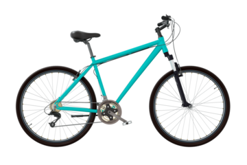 Blue teal bicycle, side view. Black leather saddle and handles. Png clipart isolated on transparent background