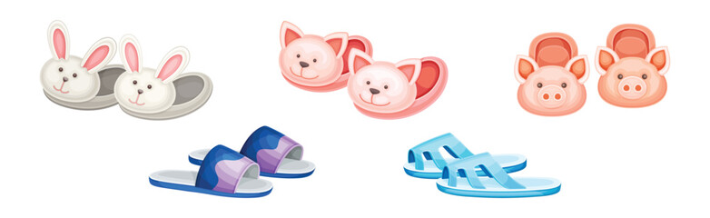 Pair of Comfortable Slippers as Soft Textile Footwear for Home Vector Set