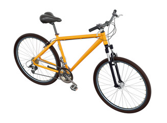 Orange bicycle, side top view. Black leather saddle and handles. Png clipart isolated on transparent background