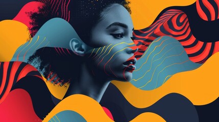 Abstract modern stylish image of geometric shapes and lines, modern art collage, illustration, attractive figure of woman, optical illusion, graceful curve of the body, background of shapes and lines