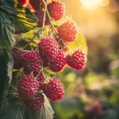 Branch of ripe Raspberries in a garden on blurred green background. Image for the banner