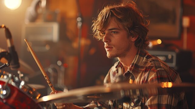 Amidst the energy of a live concert, a young musician displays focused mastery over his drum set, each beat striking a captivating rhythm.