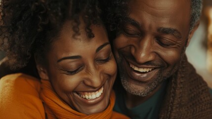 Warm close-up view of a laughing mature Black couple, exemplifying happiness and success in their cozy home setting