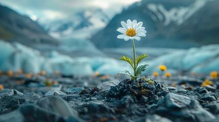 A single flower emerges from the crevices of weathered rocks, showcasing resilience and life in an unlikely environment