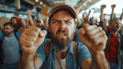A bearded man passionately protests with a crowd, raising fists in solidarity