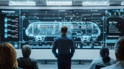 Dedicated to advancement in train construction, a technology conference garners interest with large-screen visualization of next-generation passenger train designs.
