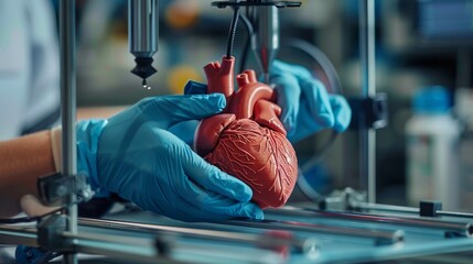 A worker demonstrates the power of technology, holding a 3D-printer model of a human heart, showcasing the profound potential of modern medicine.