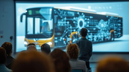 Intricate designs of modern passenger used takes center stage at a technological conference, their details punctuated by impressive visualizations on a large screen.