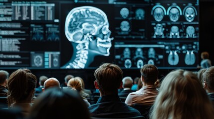 At a medical conference, a large screen enlightens attendees with intricate visualization schemes of human skeleton structures, bridging theory with visual clarity.