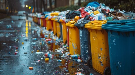 Garbage bins brim with waste and litter scatters a city sidewalk under gloomy, wet conditions