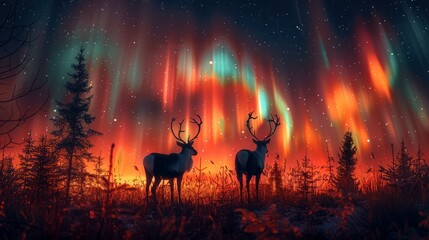 Amid the beauty of nature, a herd of deer stands transfixed beneath a vibrant display of the northern lights, enhancing the tranquility of their northern dwelling.