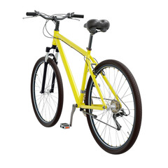 Yellow bicycle, side back view. Black leather saddle and handles. Png clipart isolated on transparent background