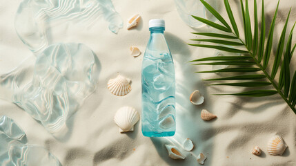 Clear water bottle with tropical palm leaf shadow on sandy beach