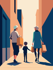 Family Shopping Trip in Urban Alley - Fashionable Attire and City Life