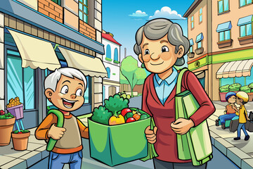 Cheerful Grandmother and Grandson Shopping for Groceries at Outdoor Market