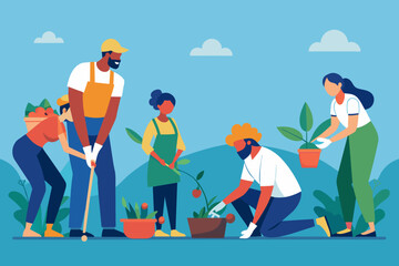 Community Garden Volunteering - Joyful People Planting Greenery