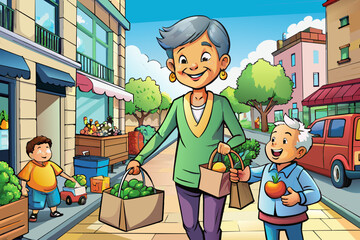 Cheerful Grandmother and Grandson Shopping for Groceries in a Vibrant City